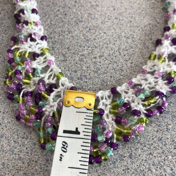 Crochet Yarn Colorful Beaded Bib Necklace White Purple Unique Statement - Picture 7 of 7